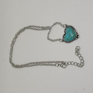 Western Silver Tone Heart Turquoise Faux 18" + 2" Extension Necklace